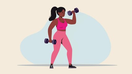 Looping animation of a dark-skinned cartoon woman in pink workout clothes lifting dumbbells on a soft beige and blue abstract background. Suitable for fitness education, training programs, and wellnes - Powered by Adobe