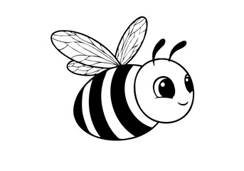 Cute cartoon bee with black stripes and transparent wings on white background