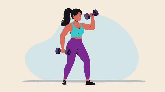 Animated cartoon woman with dark ponytail, turquoise top, and purple leggings exercising with dumbbells on an abstract beige background. Perfect for workout apps, health education, and gym explainer 
