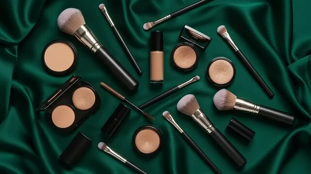 Makeup Brushes  Cosmetics on Silk.