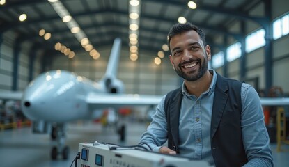 young indian man in aircraft workshop posing