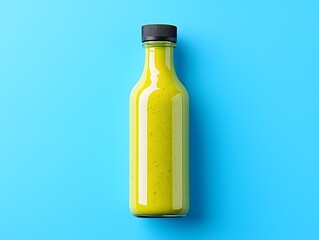Fototapeta premium Green sauce in glass bottle on blue background Top view mockup food drink