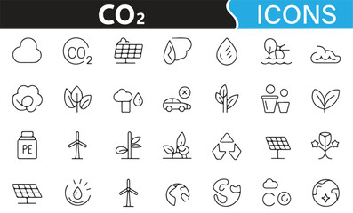 Environmental sustainability icons set featuring CO2 emissions, recycling, and energy.