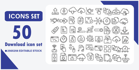 Download icon set. Containing upload, document, arrow, link, folder, download file, data, PDF, cloud storage, web, button and more. Editable line icons. Vector illustration.