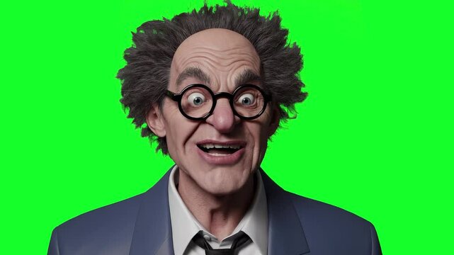 Cartoonish bald scientist with exaggerated facial features and round glasses laughing loudly, isolated on a green screen. The character's animated laughter makes it ideal for science parodies, meme re
