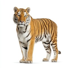 Fototapeta premium A majestic bengal tiger stands alertly showcasing its distinctive orange and black stripes isolated on white background