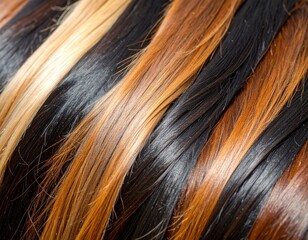 Streaks of Color: Close-up view of richly textured hair, showcasing a blend of dark brown, auburn, blonde, and light brown streaks.  The strands are smooth and glossy, reflecting light beautifully.