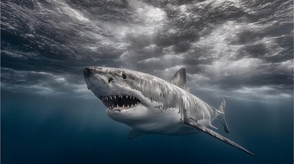 Fototapeta premium Powerful Underwater View Great White Shark Swimming Beneath Ice Flow.