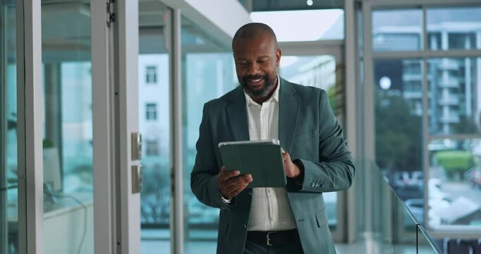 Browsing, tablet and black man with research, office and read on app for financial report or online. Review, info and mature person with tech for bookkeeping, employee and plan for payroll on website