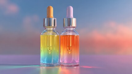 Two bottles of rainbow serum with droppers stand on a surface with a pastel background