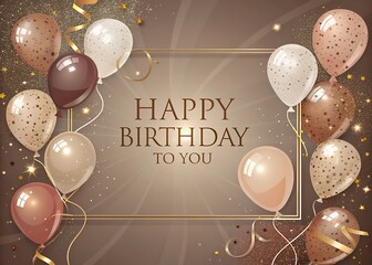 Elegant happy birthday to you greeting with scattered gold confetti and stars surrounded by a variety of brown and cream colored balloons with gold polka dots and ribbons