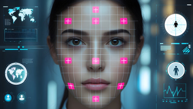 Advanced facial recognition system scanning a woman's face for biometric identification