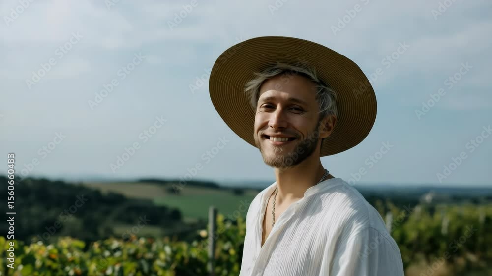 Poster a man wearing a straw hat is standing in a field of grapes. he is smiling and looking up at the sky