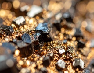 Golden Ore: A detailed close-up showcases the raw beauty and intricate textures of a golden ore, with sparkling crystalline structures and warm metallic hues.