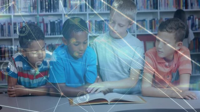 four boys at library table leaning forward, pointing text with digital network overlay for studying - Powered by Adobe