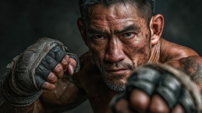 Focused asian boxer prepares for combat during intense training session, showcasing determination and sweat - Powered by Adobe