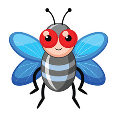 Cute cartoon fly insect icon with large red eyes isolated on white background