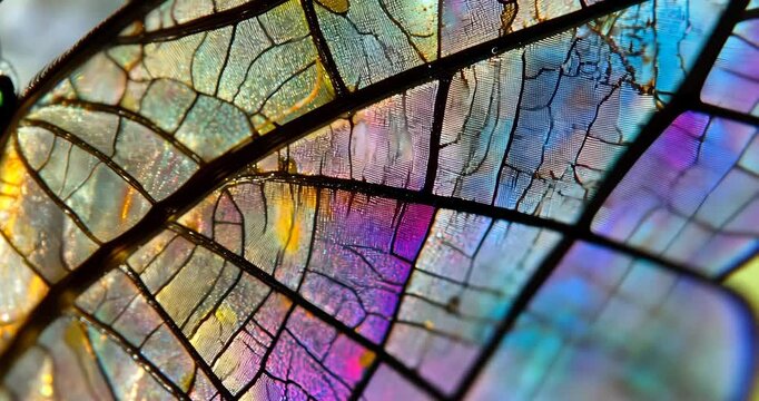 Macro close-up of an iridescent dragonfly wing, showcasing its intricate details and vibrant colors.