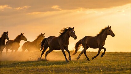 A majestic herd of wild horses galloping across a grassy field at sunset, kicking up dust in their wake. The golden hour light bathes the scene, highlighting their powerful movement