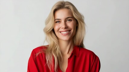 A woman with blonde hair is smiling and wearing a red shirt. She has a happy and confident expression on her face - Powered by Adobe