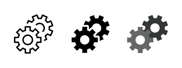 Gears icon. Two interlocking gear wheels in multiple styles vector illustration. Symbol of configuration, process and automation in systems. Mechanical and engineering interface sign.