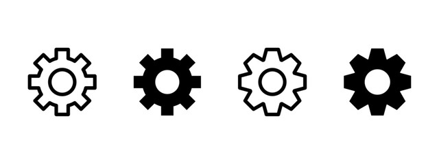 Settings icon. Gear and cogwheel symbols in different styles vector illustration. Configuration and system control interface symbol. Adjustment and mechanical process sign. Engineering pictogram.