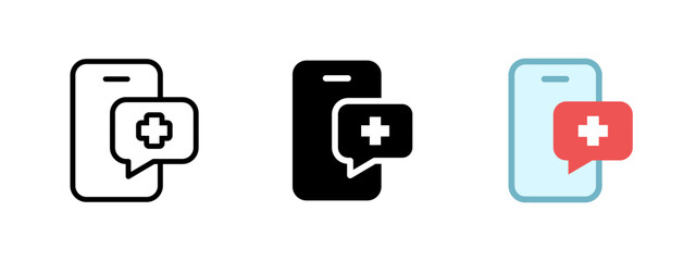 Emergency call icon. Smartphone with medical message bubble containing cross vector illustration. Digital healthcare communication symbol. Remote doctor support sign. Online consultation pictogram.