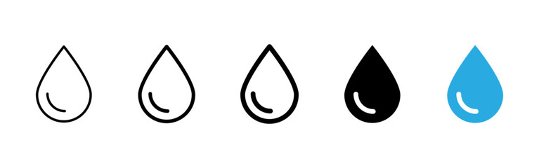 Water icon. Single blue water drop with rounded shine and teardrop shape vector illustration. Symbolizes fluid, hydration or moisture presence. Clean and pure liquid pictogram.