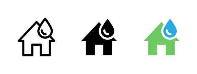 House hydration icon. Green house with a blue water drop vector illustration. Indicates plumbing issues or water leakage symbol. Suitable for home repair and maintenance sign. Water damage pictogram.