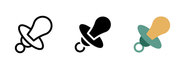 Pacifier icon. Baby pacifier with round handle and soft nipple vector illustration. Represents newborn comfort and childcare symbol. Used in parenting and baby care sign. Infant soothing pictogram.
