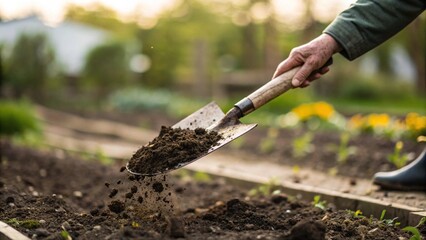 A close-up view of a person's hands gripping a shovel, actively digging and moving rich, dark soil in a garden or field. The image conveys hard work, cultivation