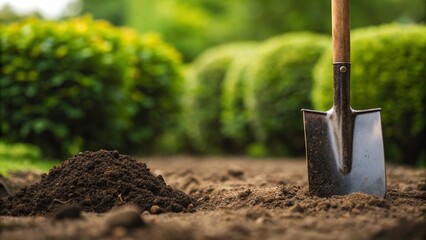 A classic garden scene featuring a sturdy shovel firmly planted in rich, dark earth, with a fresh mound of soil beside it