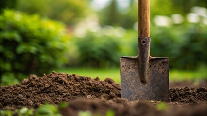 A close-up view of a garden shovel standing upright in freshly tilled soil, with a small pile of earth waiting to be worked