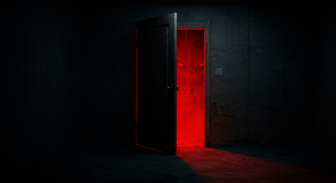 Opened door revealing monstrous red eyes, cracked glass texture, and spooky light effect. Scary creature concept for Halloween.