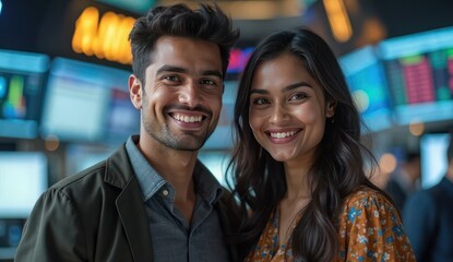 smiling indian students visiting financial market center
