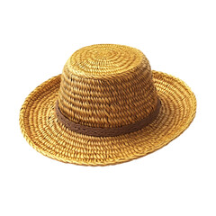 Old straw hat, symbol of summer and sunshine, isolated on transparent background.