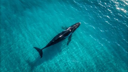 Obraz premium An enchanting aerial view shows a lone whale gracefully swimming in crystal-clear turquoise waters, with visible coral reefs and sandy bottom below