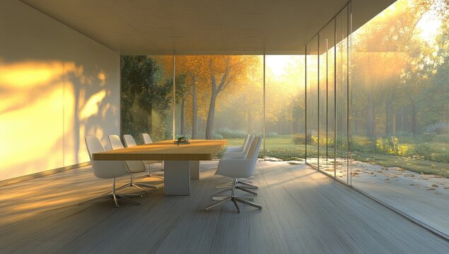 Modern minimalist conference room with autumnal views