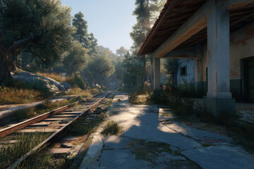 hauntingly beautiful abandoned train station bathed in soft warm light