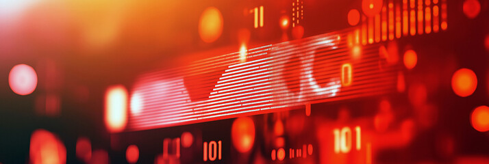 Abstract data analytics concept with glowing red graph and binary code for website or blog header, 3:1 banner image in red and orange tones with copy space on left