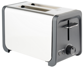 Toaster. Toaster for 2 slice bread, bagel, bun, toast. Toaster of brushed stainless steel, aluminum. Cooking toasted sliced bread for morning meal, breakfast. Electric kitchenware. Isolated background