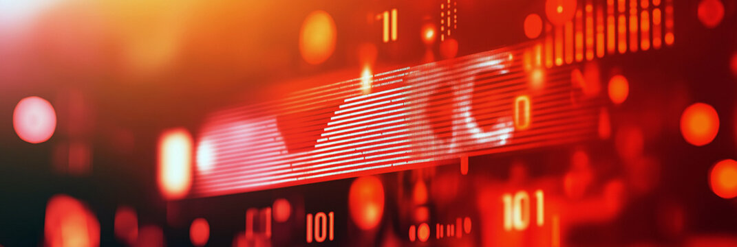 Abstract data analytics concept with glowing red graph and binary code for website or blog header, 3:1 banner image in red and orange tones with copy space on left