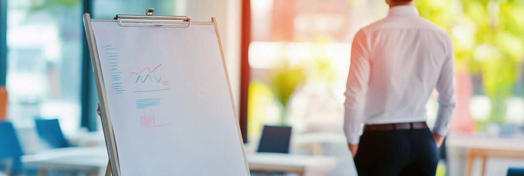 Businessman viewing analytics chart on whiteboard in bright modern office, 3:1 banner image with pastel tones and copy space on right for business website or blog header