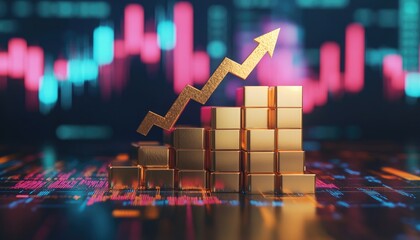 Gold blocks chart rising against a colorful financial data background