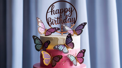 A close-up photograph of a birthday cake decorated with multiple iridescent butterflies in shades of purple, pink, and gold