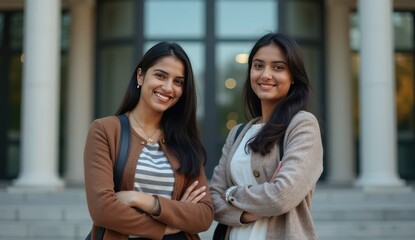 indian students posing together on front staircase