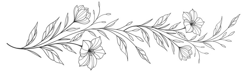 flower and leaves drawing. Vector hand drawn engraved floral card. Botanical, branch and flower Black ink sketch. Great for tattoo, invitations, greeting cards, decor