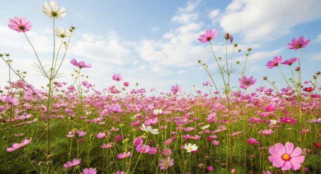 A field of vibrant pink and white cosmos flowers blooming under a clear blue sky with fluffy white clouds on a beautiful spring day