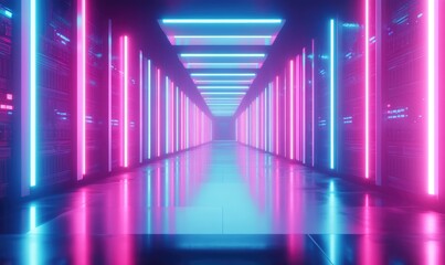 Naklejka premium Neon-lit corridor, futuristic server room