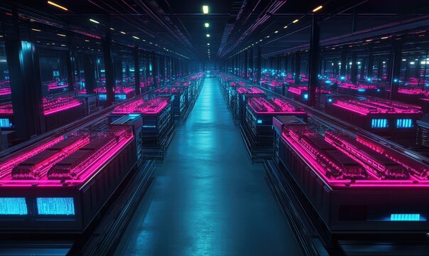 Futuristic server farm, neon-lit aisles